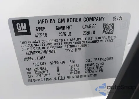 2021 Chevrolet Trailblazer Fwd Lt from USA, damaged, VIN KL79MPSL7MB165417